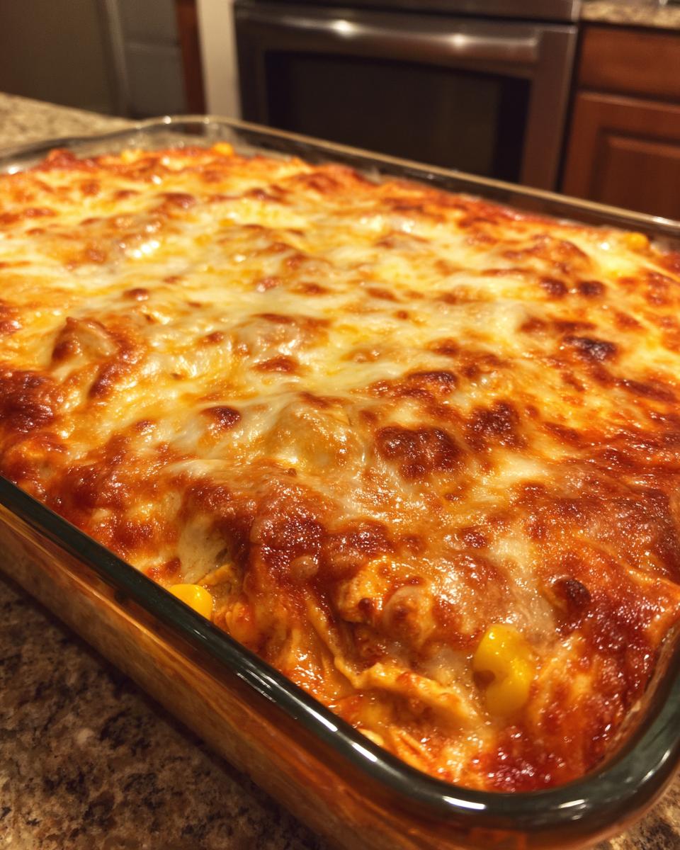 Close-up of a bubbling, baked chicken enchilada dip topped with golden, melted cheese in a glass dish.