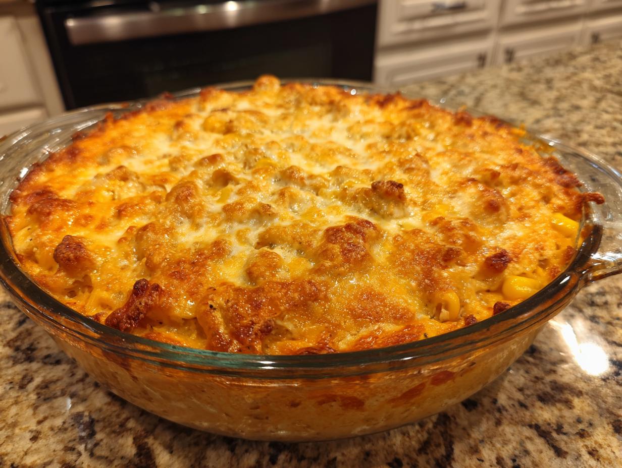 A round glass dish filled with bubbling, baked chicken enchilada dip topped with melted, golden-brown cheese.