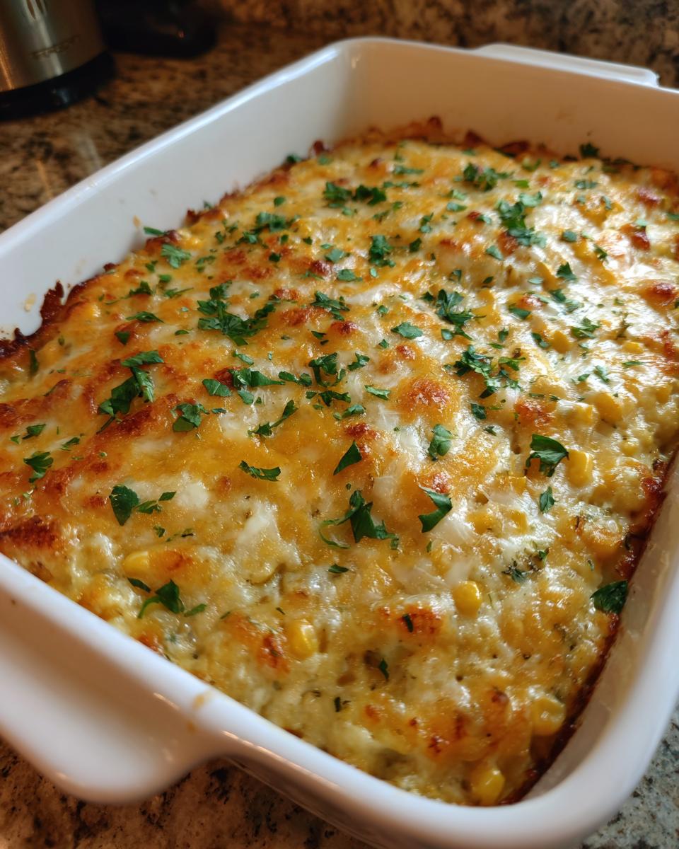 Close-up of hot, cheesy mexican street corn dip baked to golden perfection in a white rectangular dish.