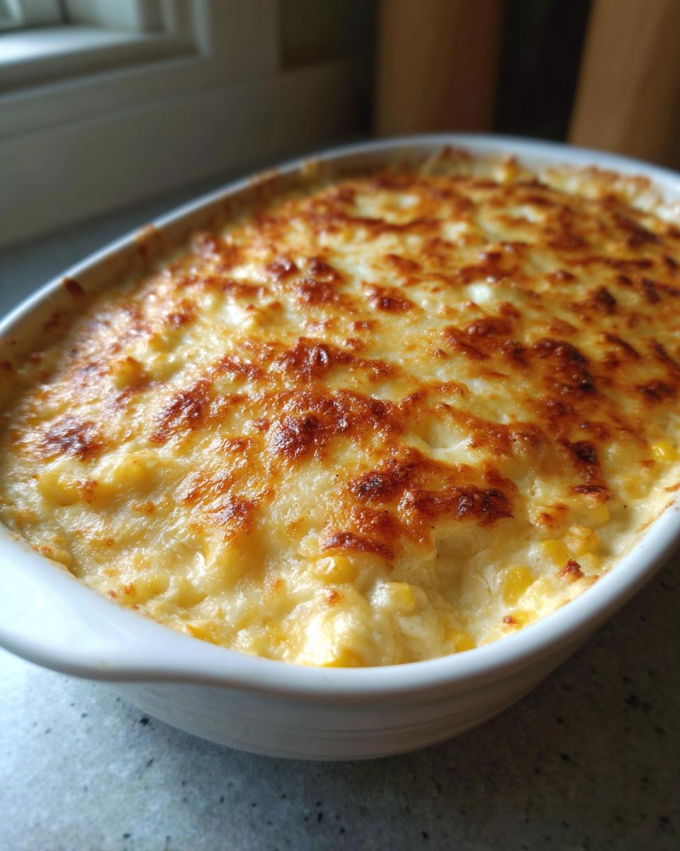 Close-up of a baked mexican street corn dip in a white oval dish, featuring a bubbly, golden-brown cheese crust.
