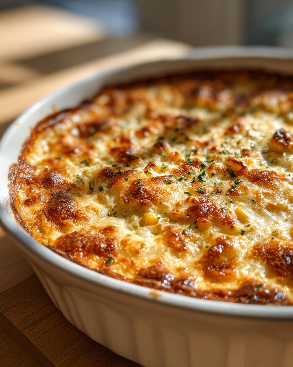 Close-up of hot, bubbly mexican street corn dip baked in a white oval dish with a golden brown, cheesy top.
