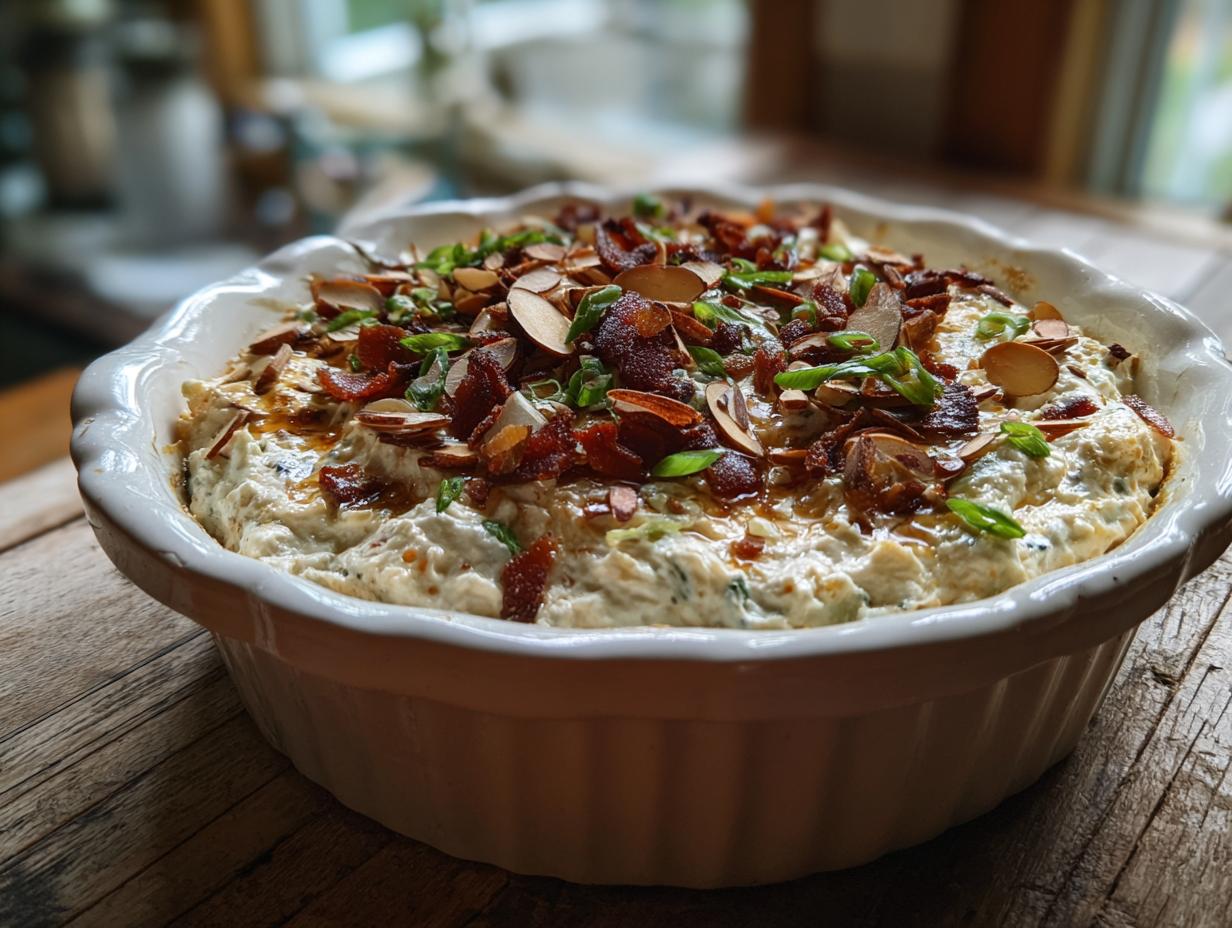A creamy, baked neiman marcus dip served in a white fluted dish, topped generously with bacon bits, sliced almonds, and green onions.