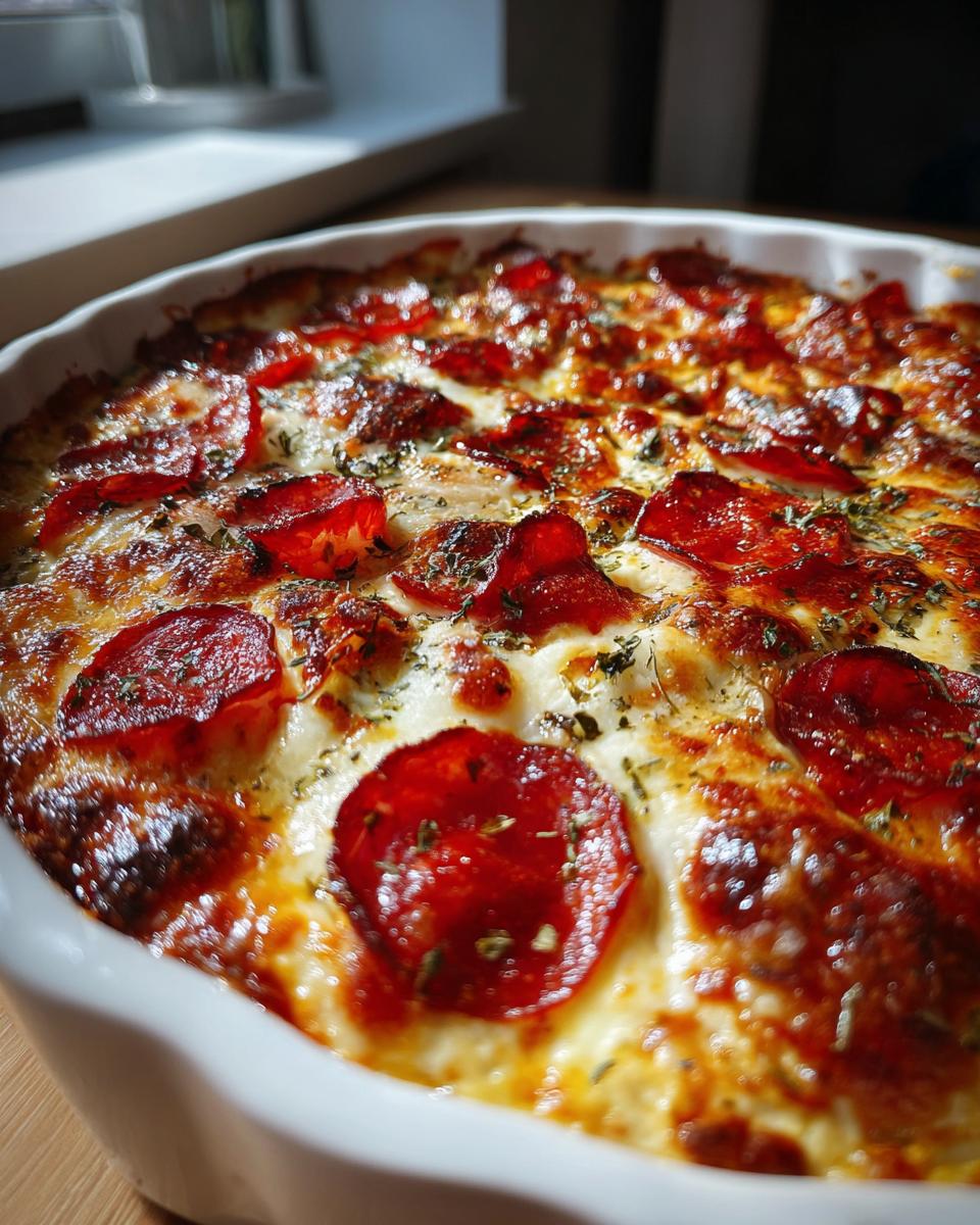 Close-up of a bubbling, baked pepperoni pizza dip topped with melted cheese and herbs in a white ceramic dish.