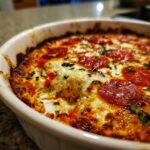 Close-up of a bubbling, baked pepperoni pizza dip topped with melted cheese and herbs in a white baking dish.