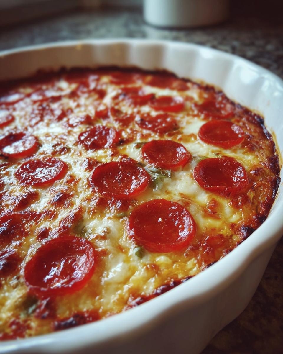 Close-up of a bubbling, baked pepperoni pizza dip topped with melted cheese and pepperoni slices in a white baking dish.
