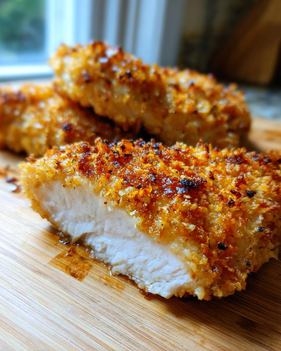 Close-up of a baked ranch chicken tender cut in half, showing juicy white meat and a golden, crispy breading.