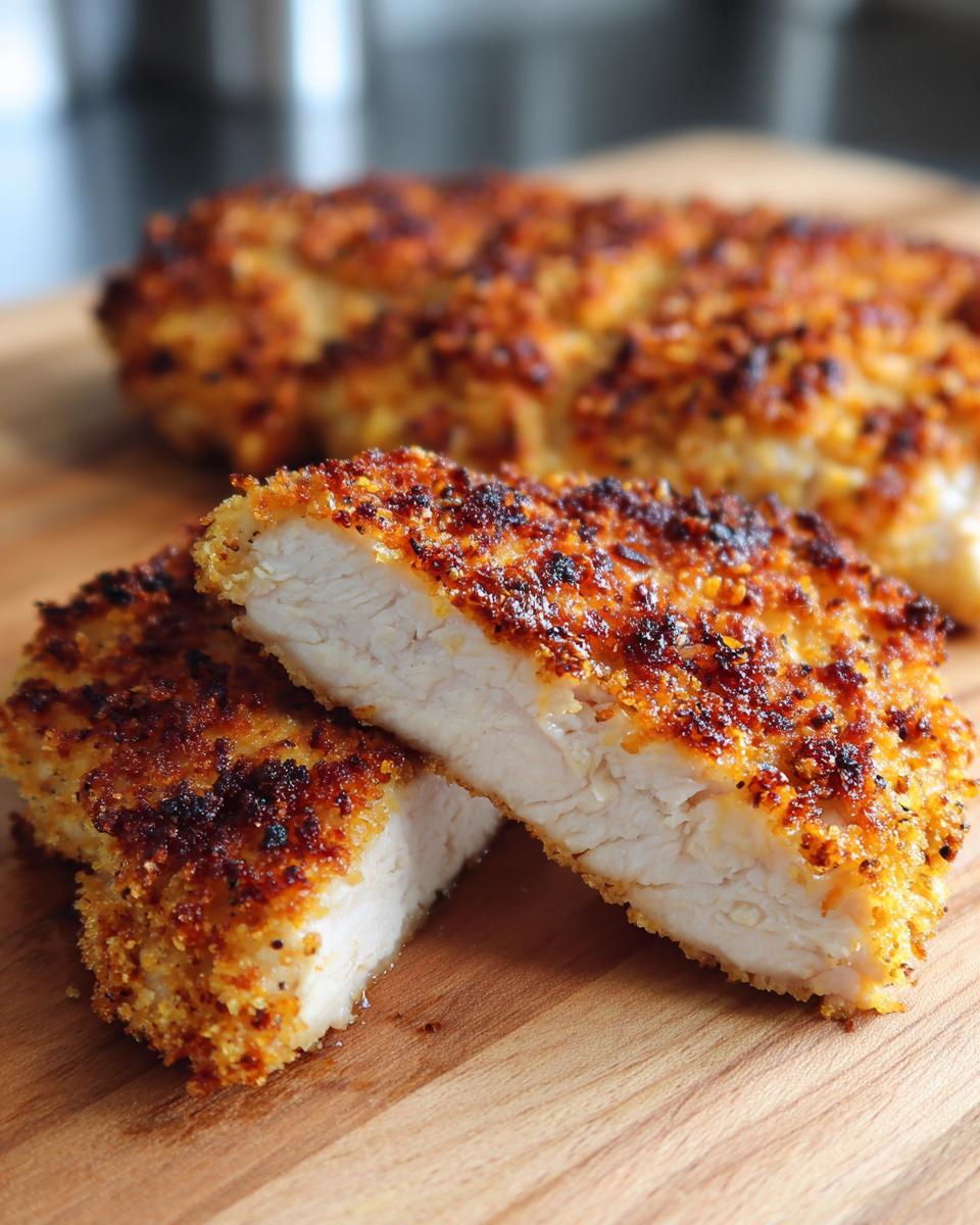 Close-up of perfectly cooked baked ranch chicken, showing the juicy white interior and crispy golden-brown crust.