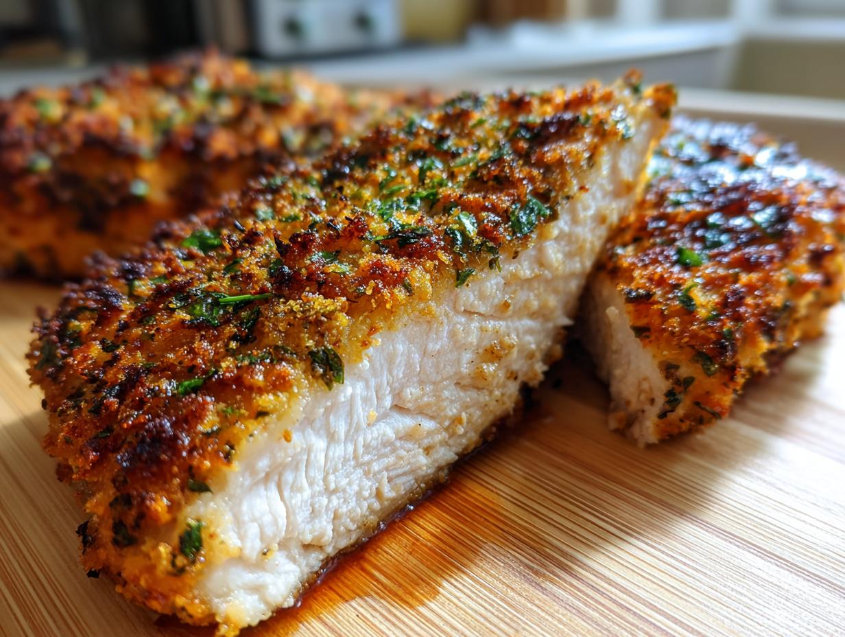 Cross section of juicy baked ranch chicken showing white meat and crispy, seasoned crust.