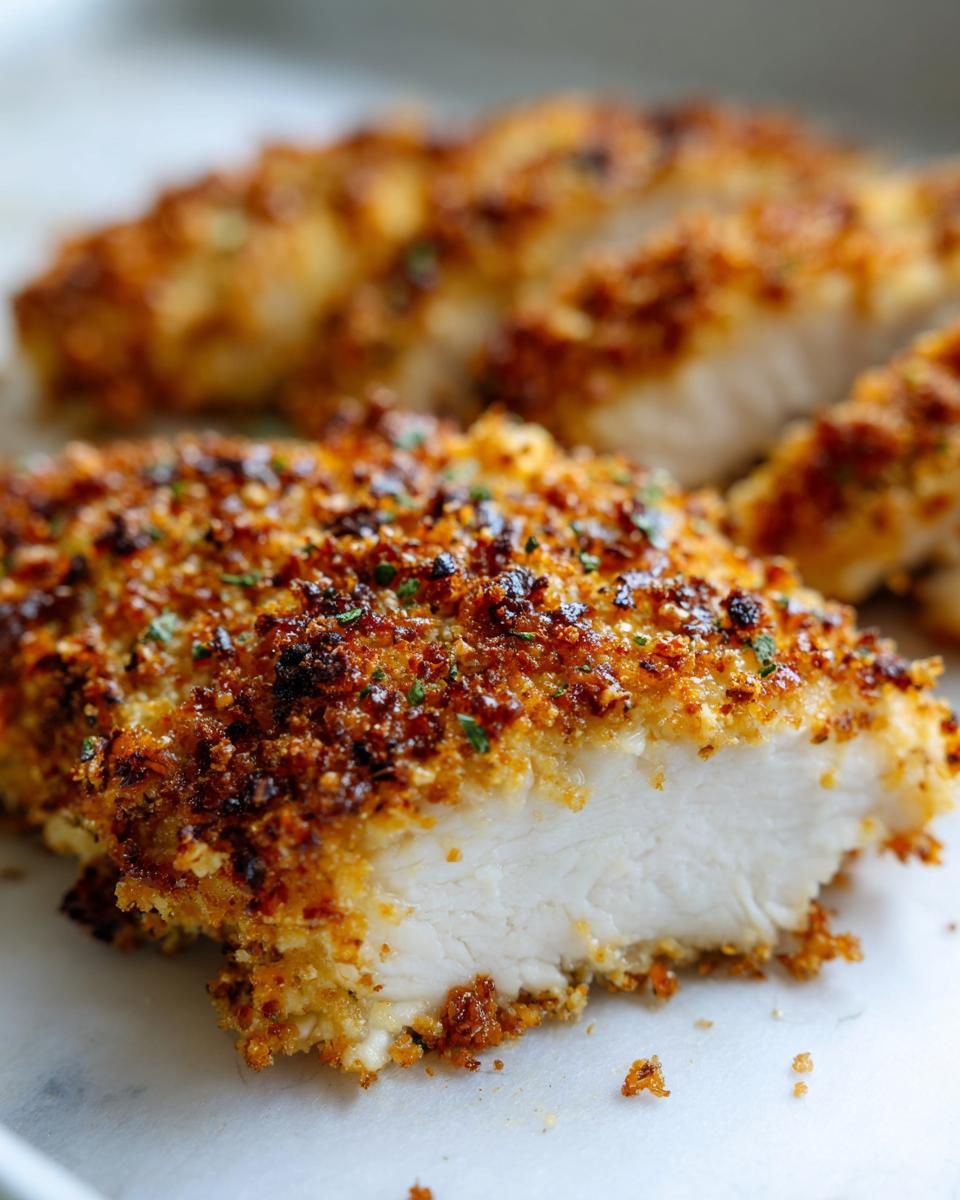 Close-up of a slice of baked ranch chicken showing the moist white interior and a golden, crispy, seasoned crust.
