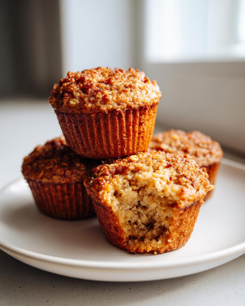 A stack of four golden brown banana oatmeal muffins on a white plate, one with a bite taken out showing the moist interior.
