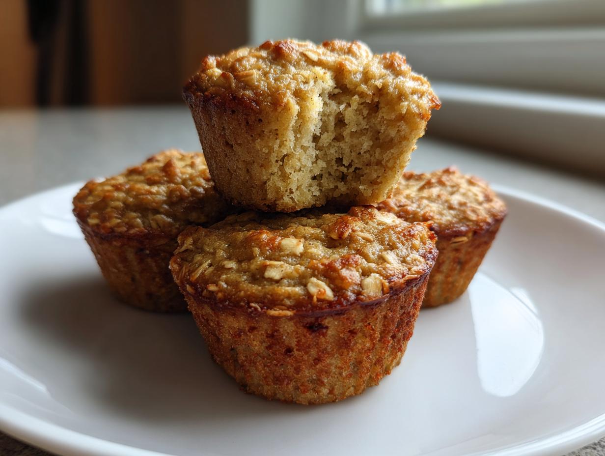 A stack of three golden-brown banana oatmeal muffins, one broken open to show the texture.