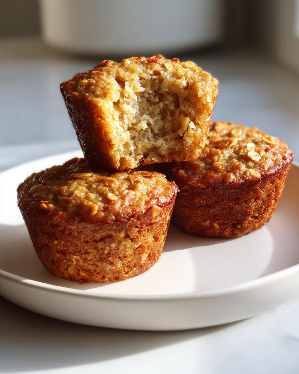 Three golden brown banana oatmeal muffins stacked on a white plate, with the top one having a bite taken out.