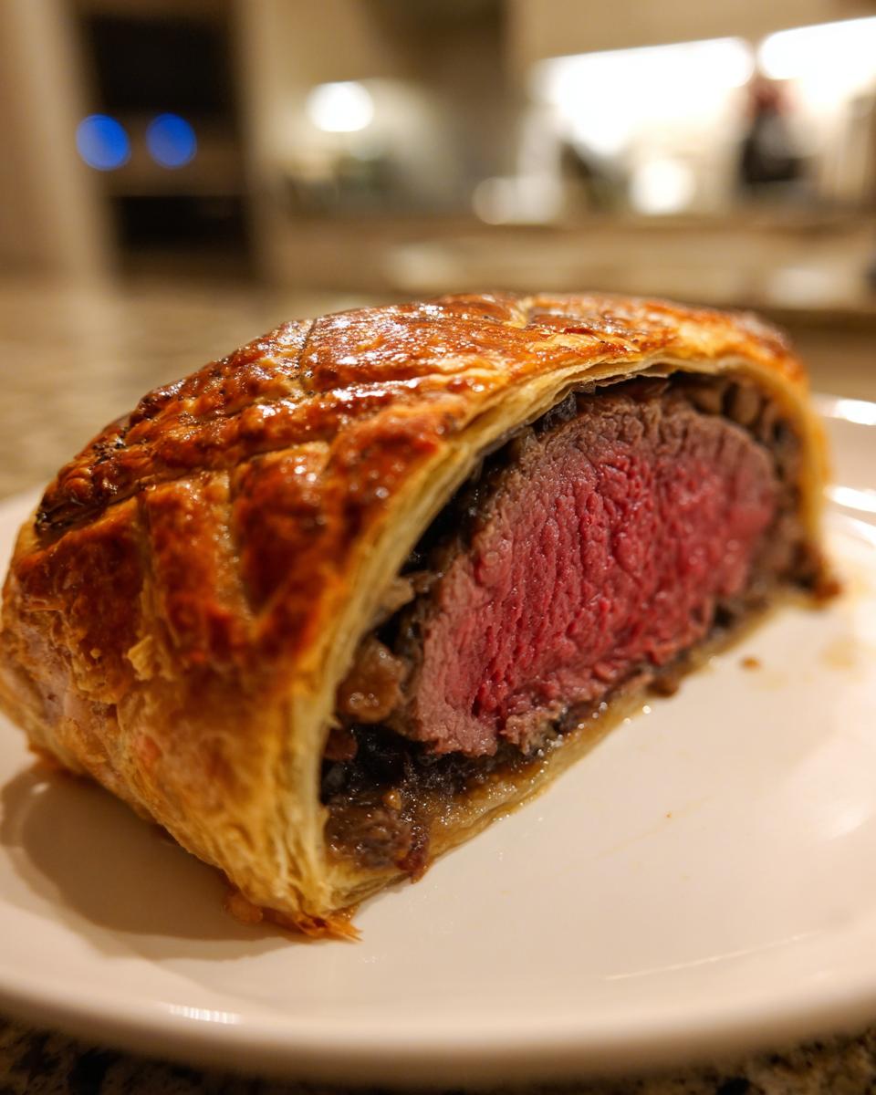 Close-up of a slice of beef wellington recipe showing medium-rare pink center and flaky pastry.