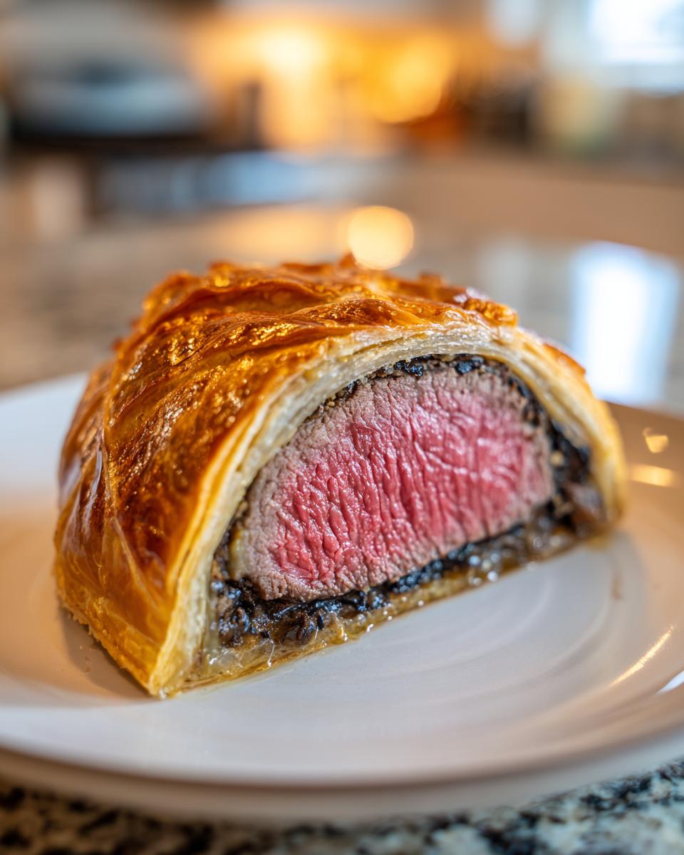 Close-up of a slice of beef wellington recipe showing medium-rare pink center and golden puff pastry.