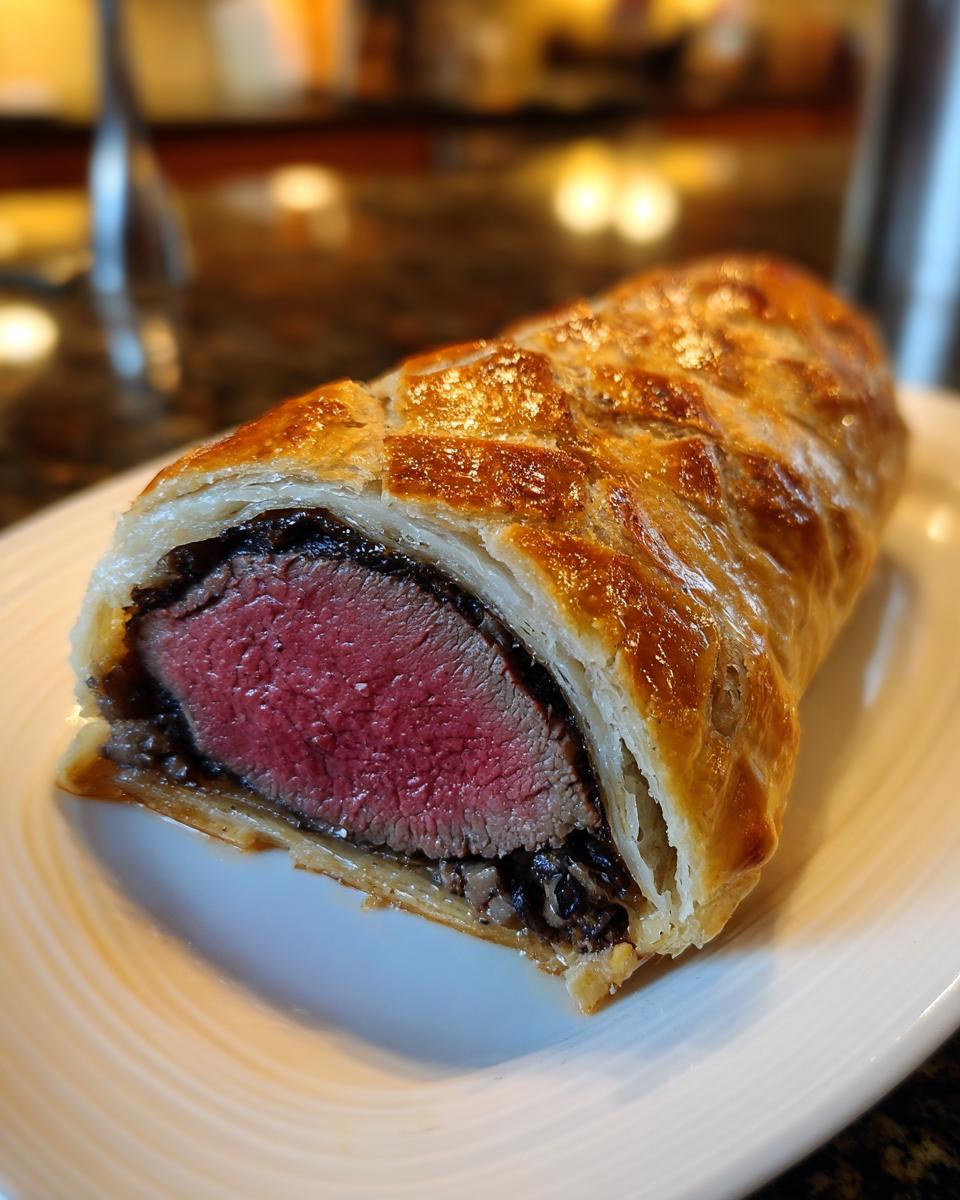 Cross-section of a perfectly cooked beef wellington recipe showing medium-rare pink tenderloin wrapped in golden puff pastry.