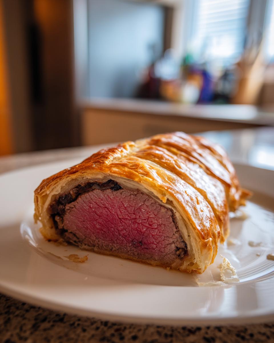 Close-up of a slice of beef wellington recipe showing a medium-rare pink center wrapped in golden puff pastry.