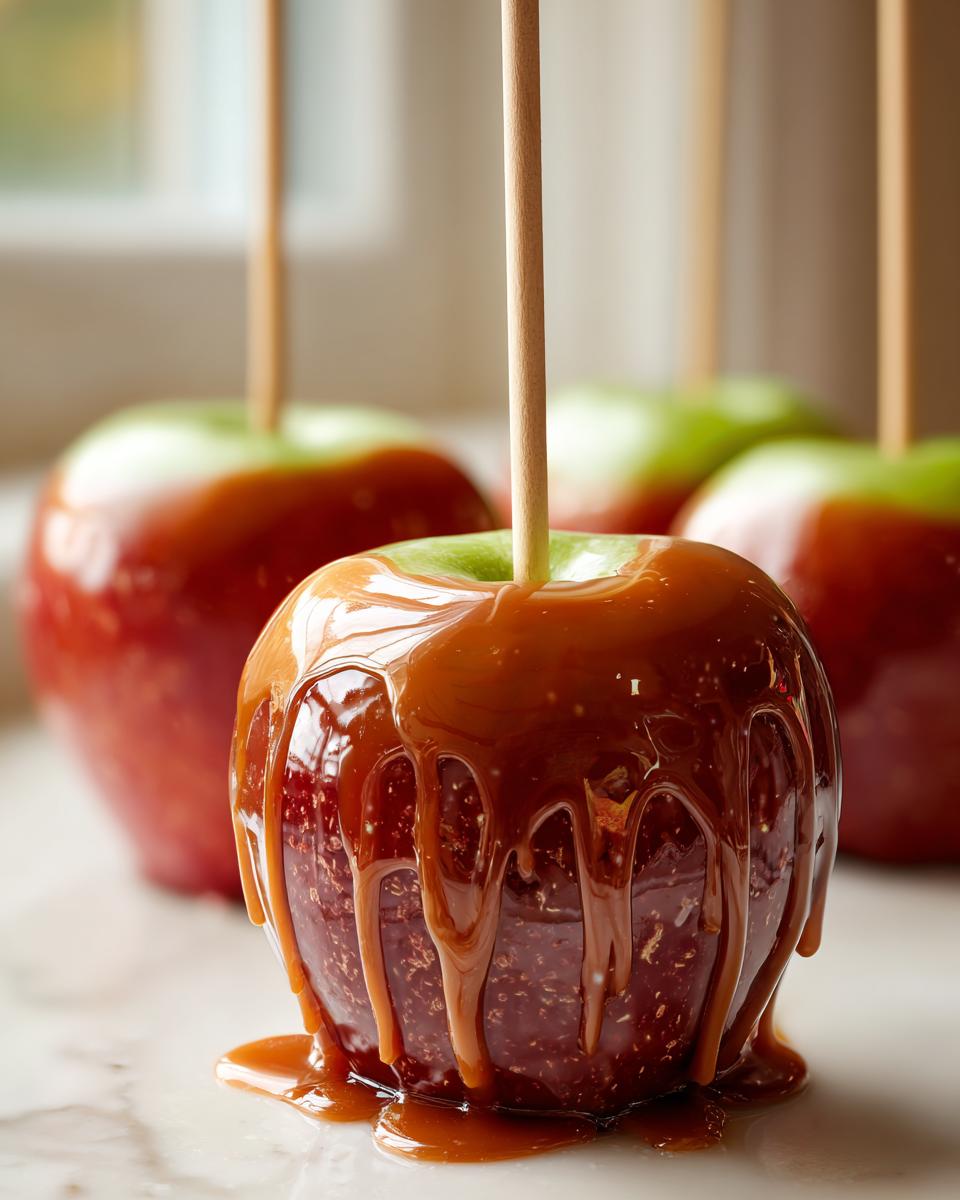 A close-up shot of one perfectly coated caramel apples dripping with thick, glossy caramel sauce.