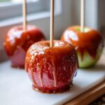 Close-up of shiny, dripping caramel apples on sticks, showcasing the thick coating of caramel.