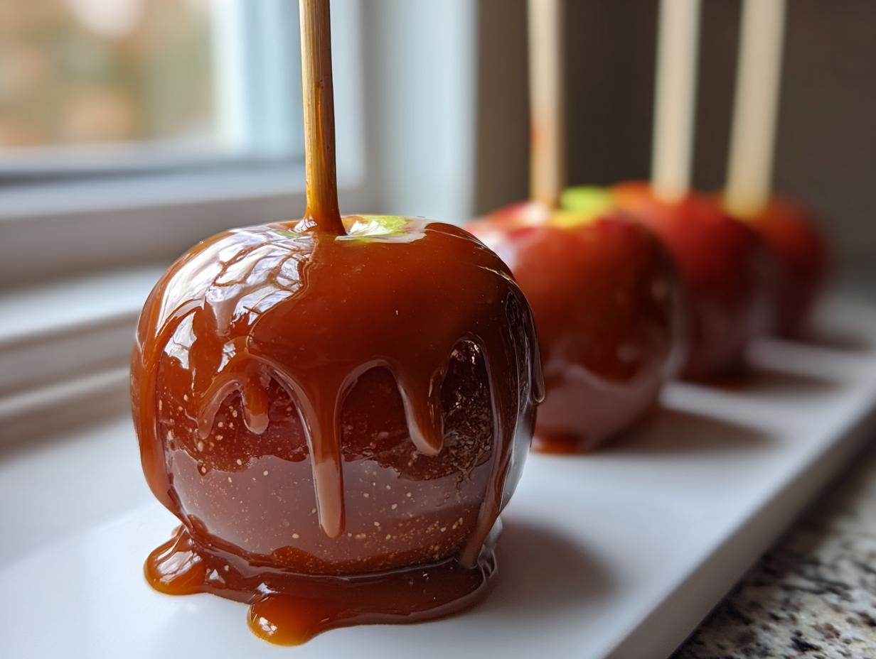 Close-up of a delicious caramel apple with thick, dripping caramel glaze, ready to eat.