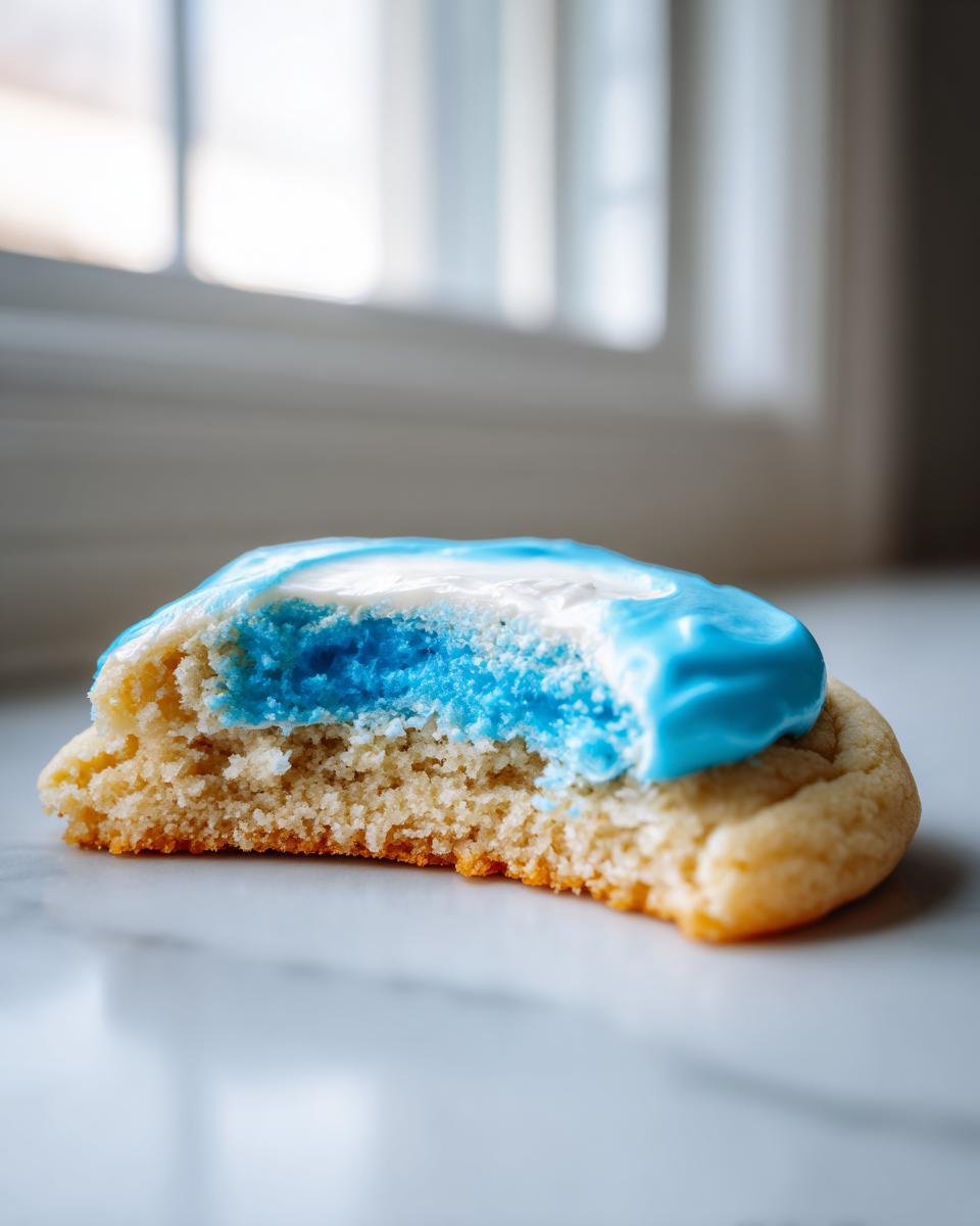 Close-up of a sugar cookie bitten in half, showing the soft interior and vibrant blue and white cookie icing recipe topping.