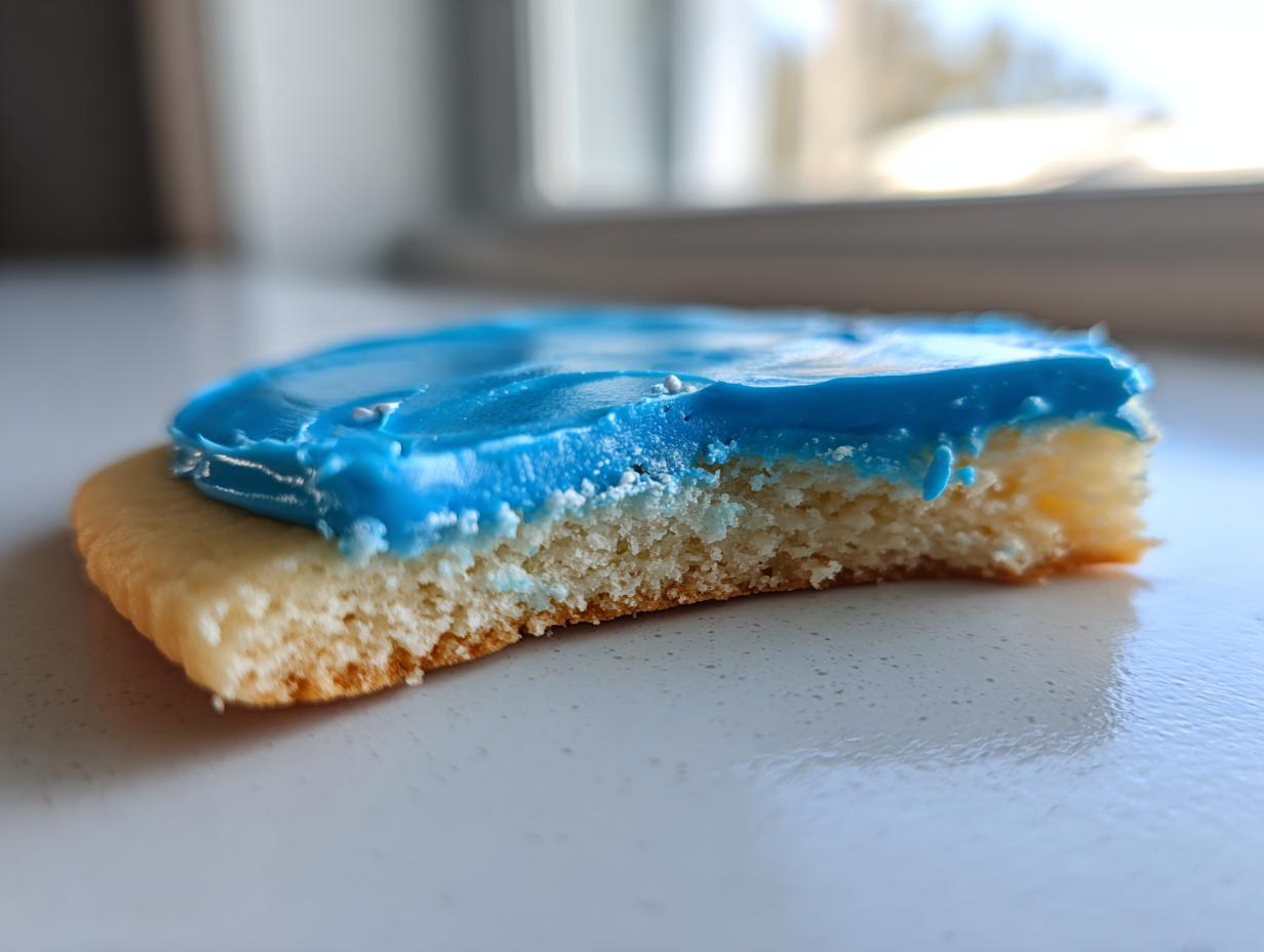 A close-up, side view of a sugar cookie with a thick layer of bright blue cookie icing recipe on top, showing a bite taken out.
