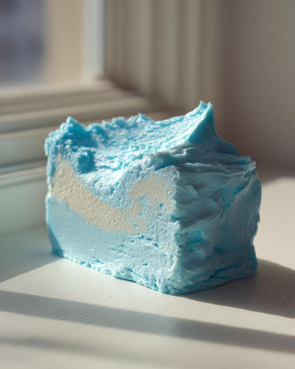 A thick, rectangular block of bright blue and white swirl cookie icing recipe sample sitting on a white surface.