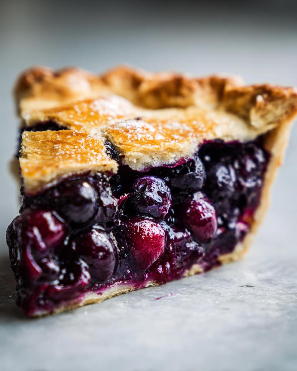A close-up, cross-section view of a slice of homemade blueberry pie recipe showing juicy, dark purple filling and flaky golden crust.