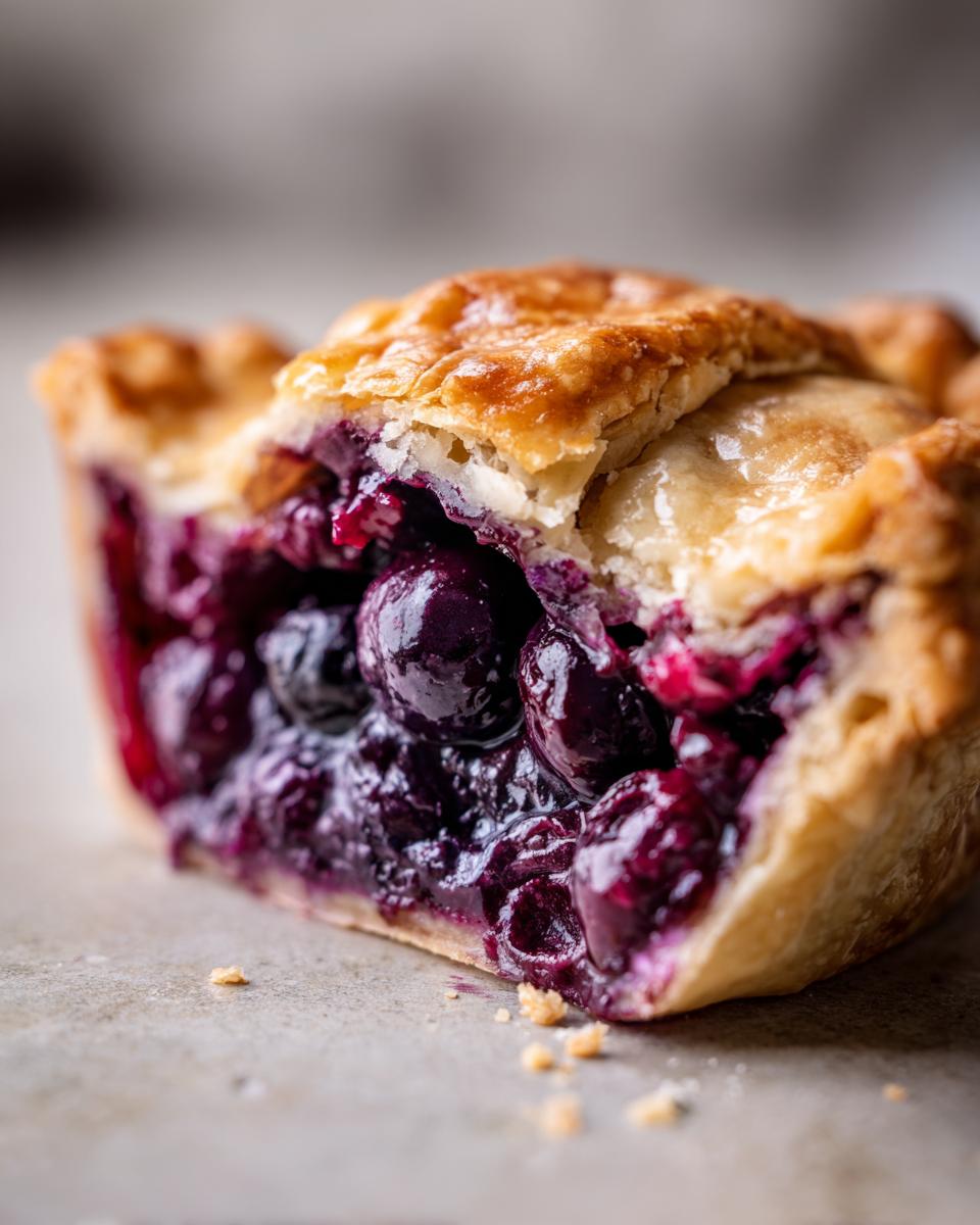 A close-up cross-section of a slice from a blueberry pie recipe, showing a flaky crust and rich, dark blueberry filling.
