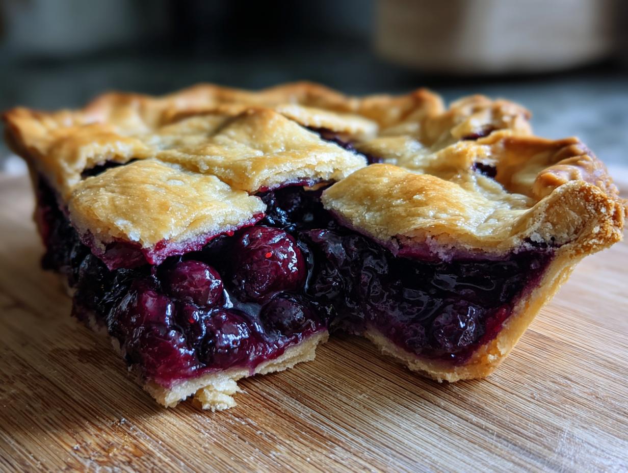 Close-up of a thick slice of blueberry pie recipe showing flaky golden crust and rich, dark blueberry filling.