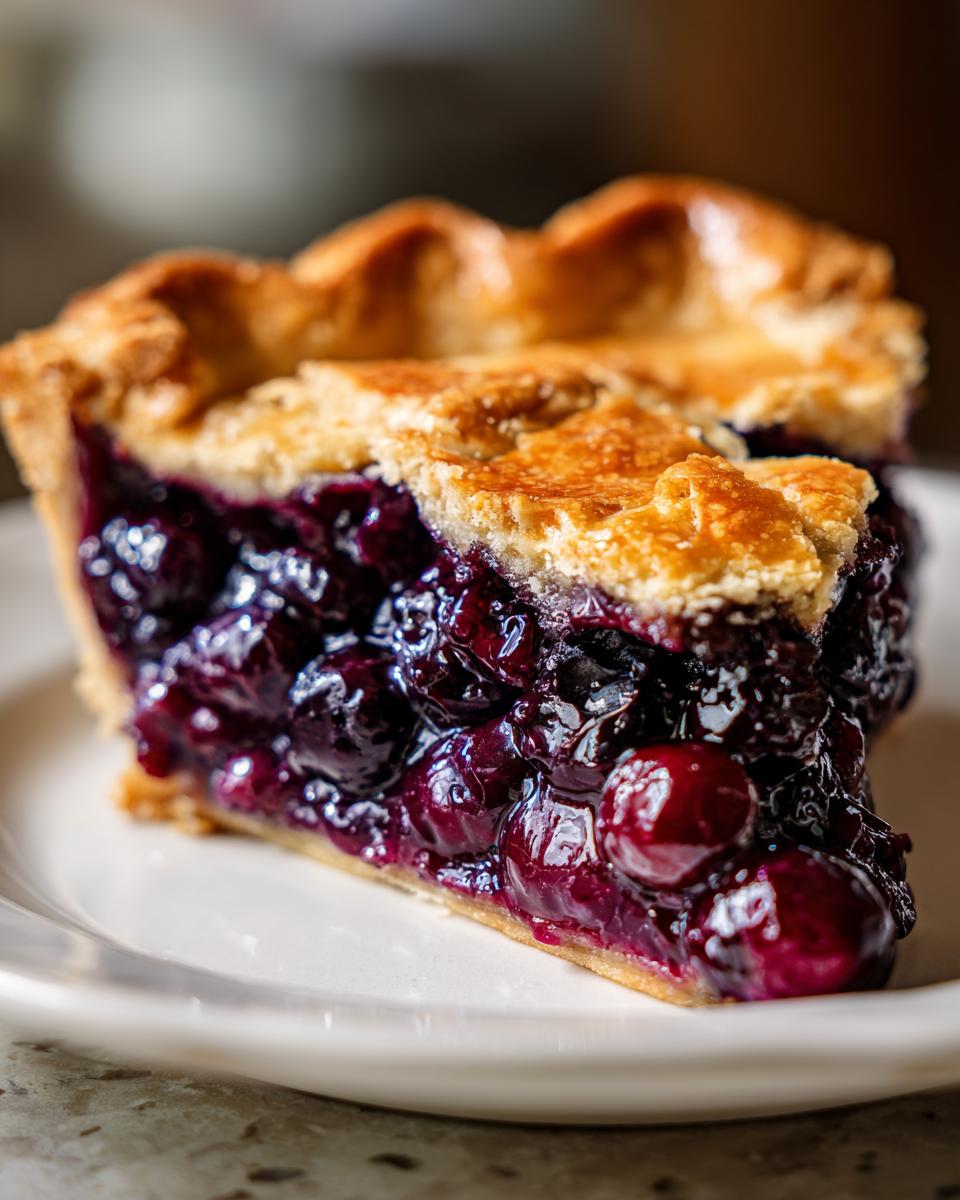 Close-up of a thick slice from a blueberry pie recipe showing juicy, dark purple filling and golden crust.