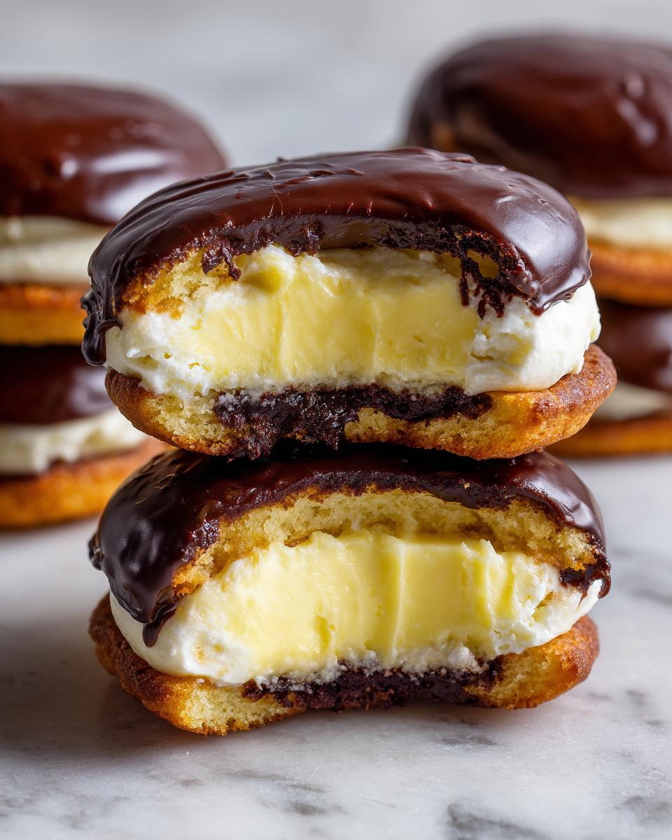 Two halves of a Boston Cream Pie Cookie stacked, showing rich vanilla cream and chocolate glaze.