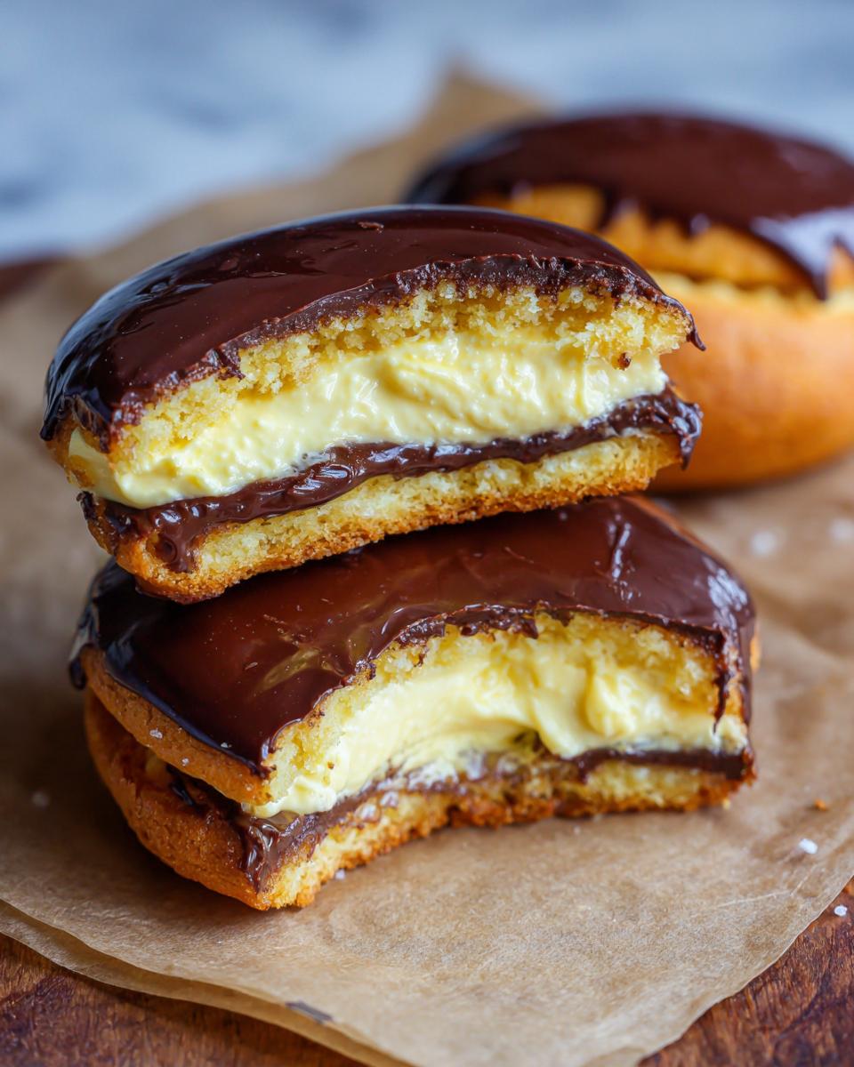 Close-up of two halves of a Boston Cream Pie Cookie stacked, showing rich vanilla cream filling and chocolate glaze.