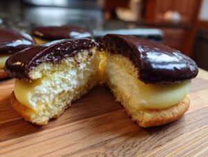 A cross-section view of two halves of a Boston Cream Pie Cookie showing vanilla cake, cream filling, and chocolate glaze.