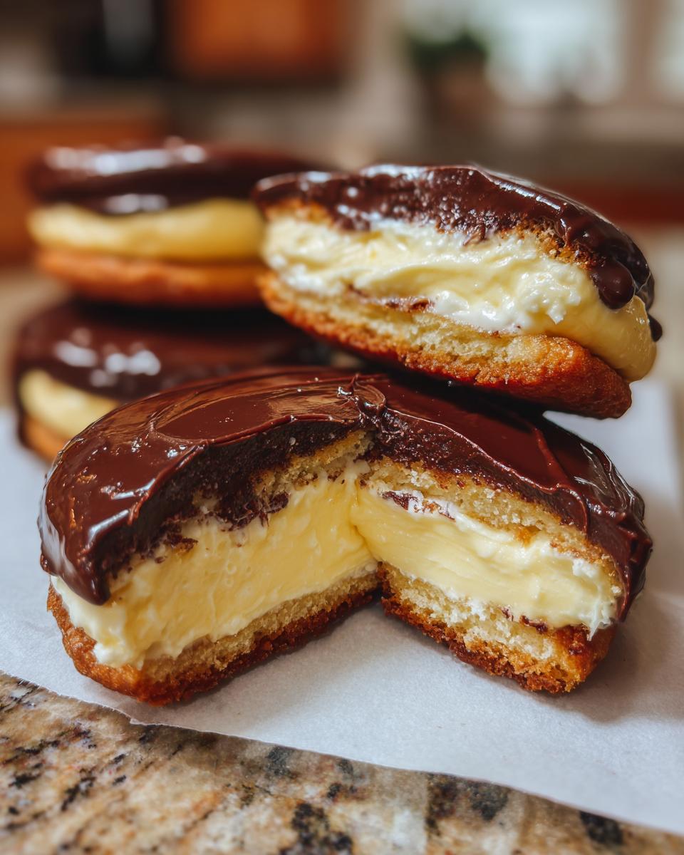 A close-up of Boston cream pie cookies cut in half, showing thick vanilla cream filling and chocolate glaze.