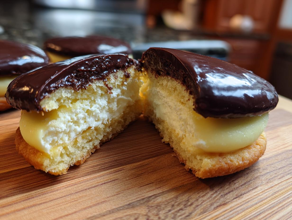 A cross-section view of two halves of a Boston Cream Pie Cookie showing vanilla cake, cream filling, and chocolate glaze.