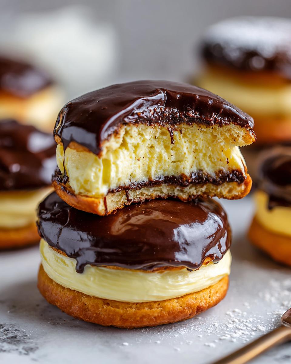 Close-up of two stacked Boston cream pie cookies, showing the vanilla cream filling and chocolate glaze.