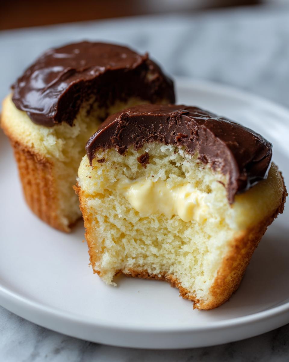 Close-up of a Boston Cream Pie Cupcakes, cut open revealing vanilla cake, pastry cream filling, and chocolate ganache topping.