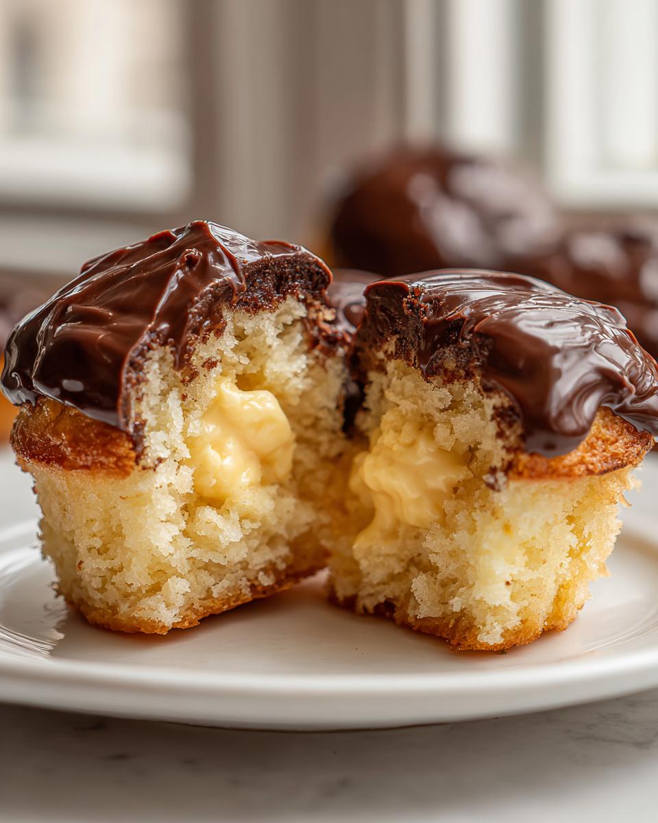 A Boston cream pie cupcakes cut in half showing vanilla cake, pastry cream filling, and chocolate ganache topping.