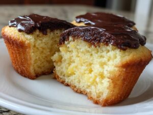Close-up of a halved Boston cream pie cupcake showing the moist yellow cake and chocolate ganache topping.