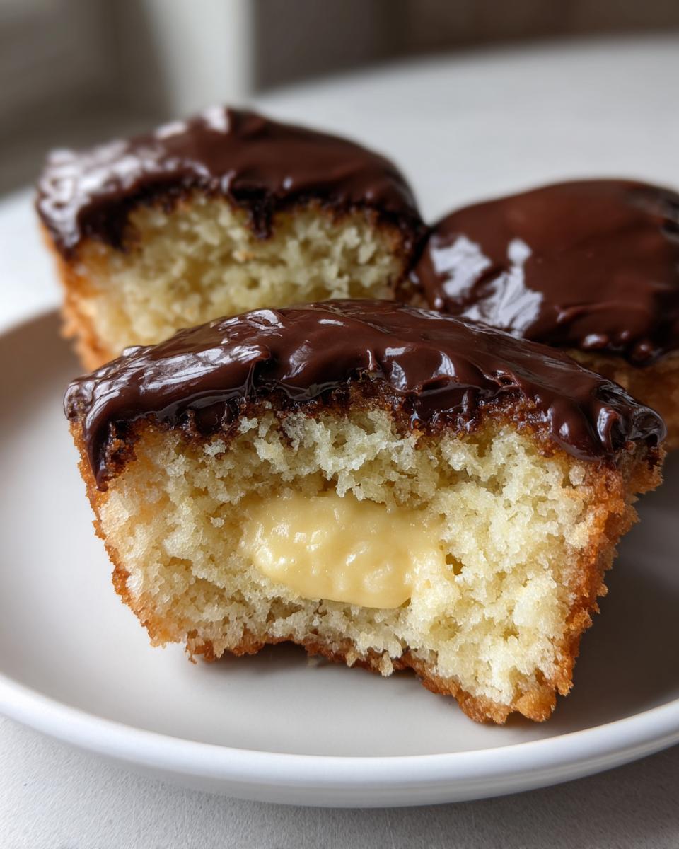 Close-up of a bitten Boston cream pie cupcake showing vanilla cake, pastry cream filling, and chocolate glaze.