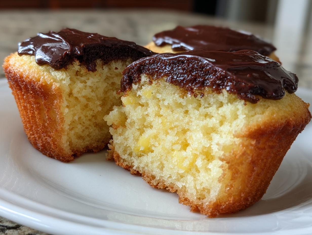 Close-up of a halved Boston cream pie cupcake showing the moist yellow cake and chocolate ganache topping.