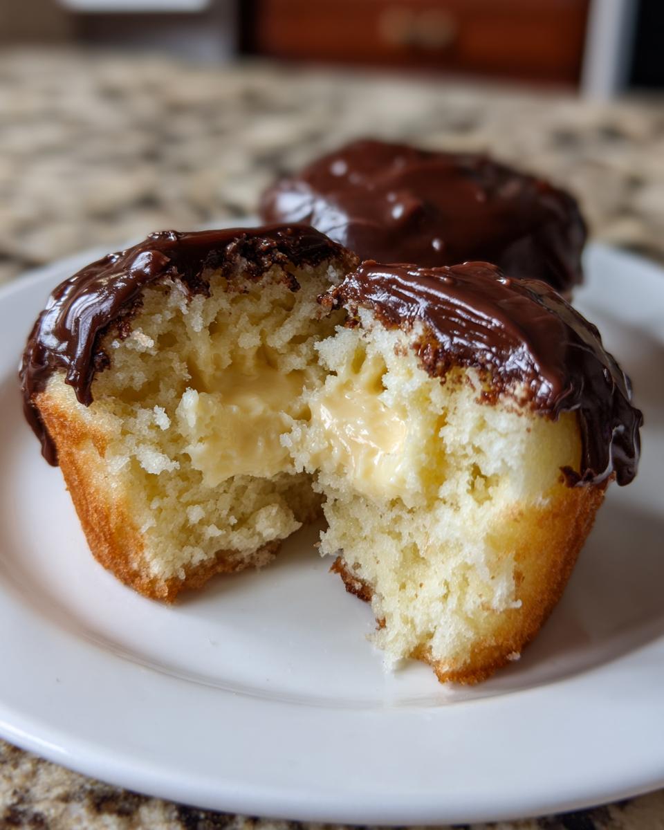A close-up of a Boston Cream Pie Cupcakes cut in half showing vanilla cake, pastry cream filling, and chocolate glaze.