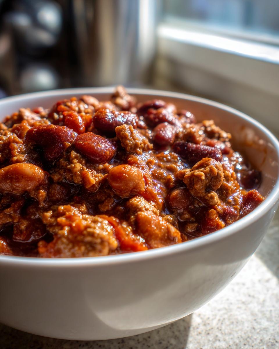 Close-up of a white bowl filled with rich, meaty high protein chili featuring kidney beans in a savory sauce.