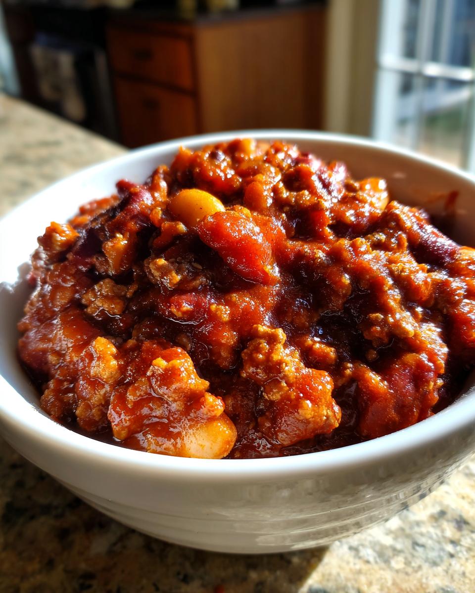 Close-up of a white bowl filled with rich, thick high protein chili featuring ground meat and beans.