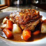 A close-up of a single serving of braised chicken thighs with crispy skin, served over carrots and potatoes in rich brown sauce.