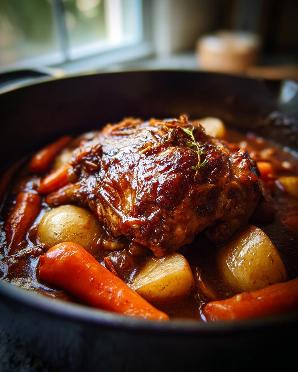 A close-up of a perfectly glazed braised chicken thigh surrounded by carrots and potatoes in a rich sauce.