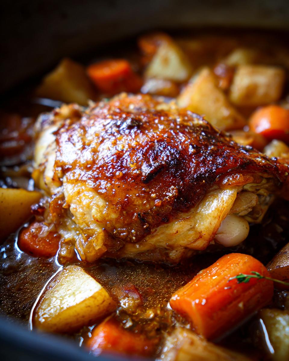 Close-up of a perfectly browned, glazed braised chicken thigh simmering with carrots and potatoes in rich sauce.