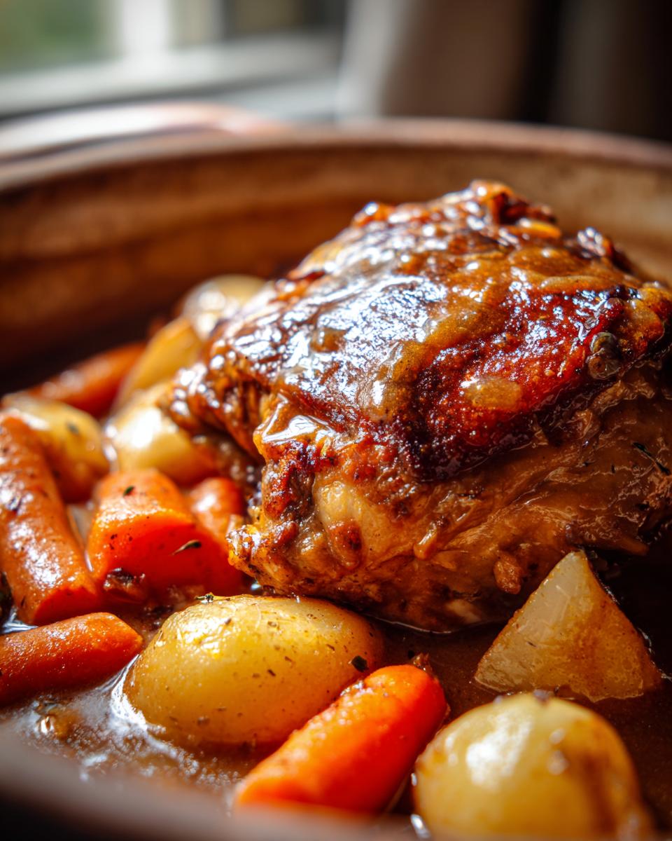 Close-up of a perfectly glazed braised chicken thigh nestled among carrots and potatoes in a rich sauce.