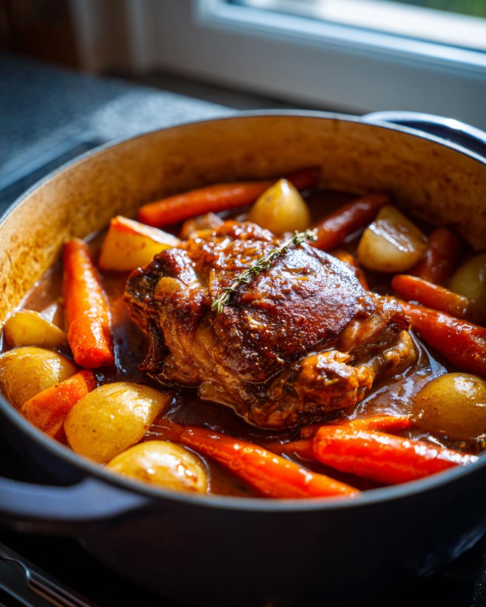 Close-up of tender braised chicken thighs cooking in a Dutch oven with carrots and small potatoes.