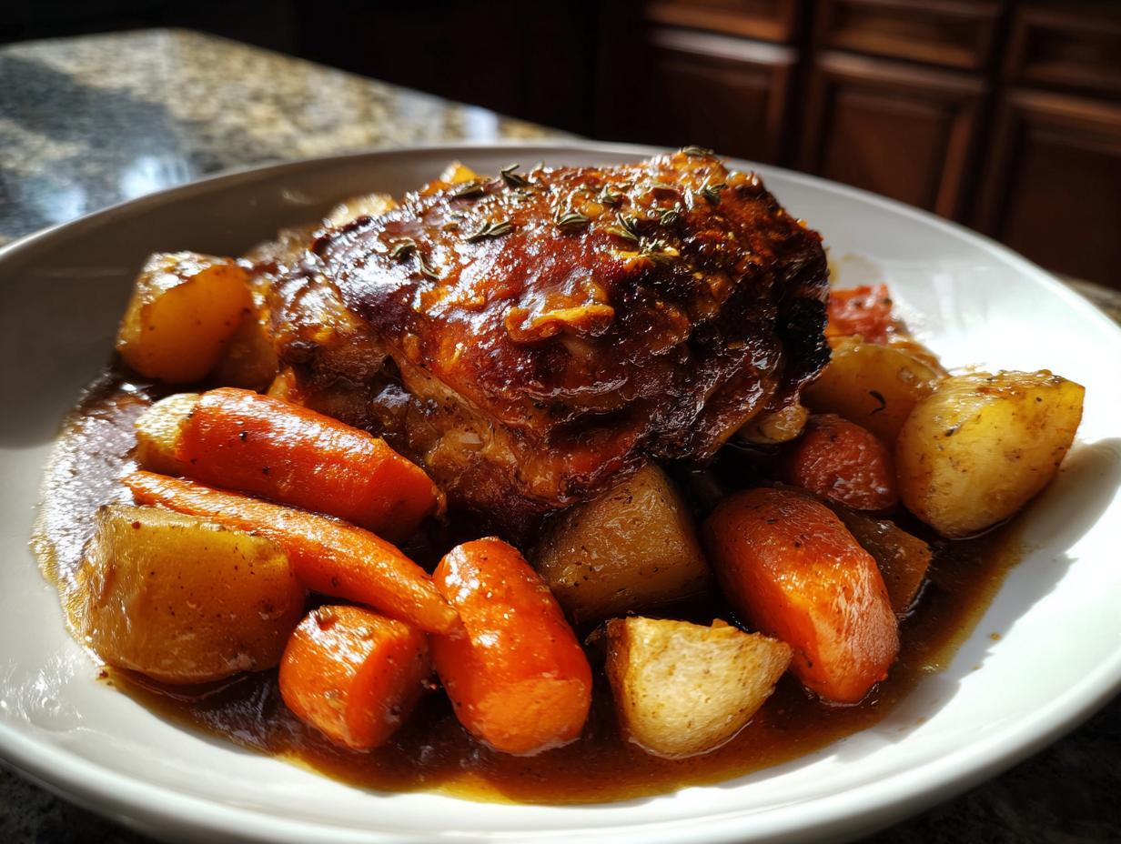 A close-up of a serving of braised chicken thighs covered in rich brown glaze, surrounded by carrots and potatoes.